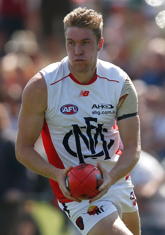 AFL 2016 NAB Challenge - Western Bulldogs v Melbourne MELBOURNE, AUSTRALIA - MARCH 6: Tom McDonald of the Demons in action during the 2016 NAB Challenge match between the Western Bulldogs and the Melbourne Demons at Highgate Recreational Reserve, Craigieburn on March 6, 2016. (Photo by Michael Willson/AFL Media)